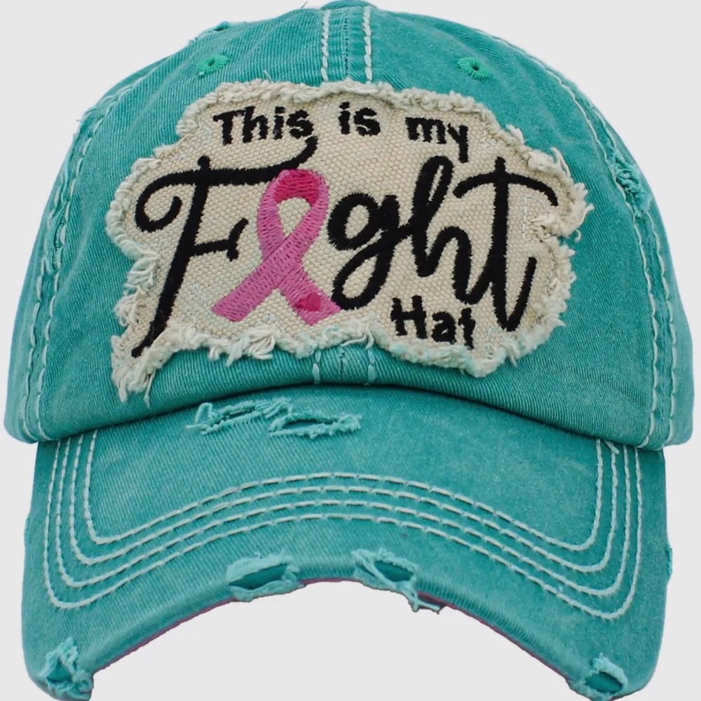 Turquoise Distressed Cancer Baseball Cap with a Pink Ribbon